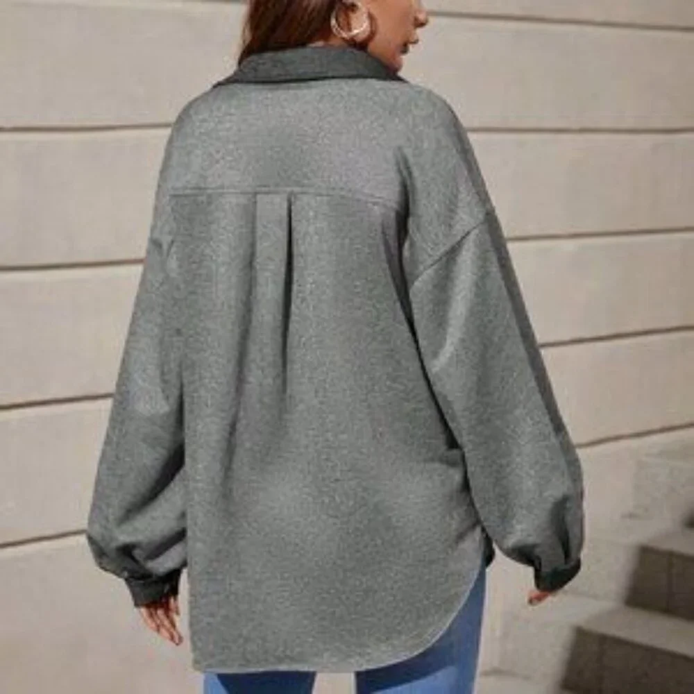 Grey Casual Womens Drop Shoulder Flap Pocket Contrast Trim Coat - Picture 3 of 5